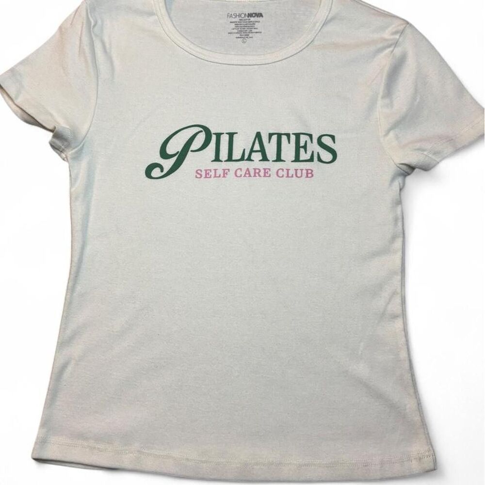 Sporty Preppy Hot Girls Pilates Club Baby Tee Ivory Cream Small S Graphic Top